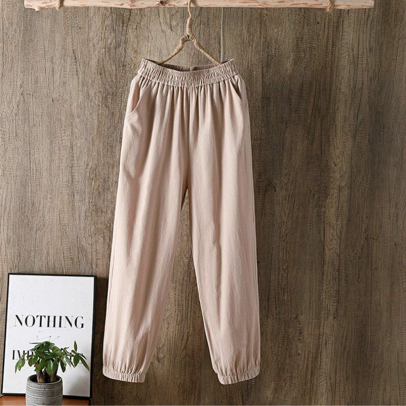 Pants Women Casual Cotton Linen Elastic Waist Solid Basic Retro Loose Trousers