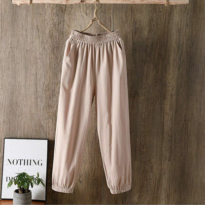 Pants Women Casual Cotton Linen Elastic Waist Solid Basic Retro Loose Trousers