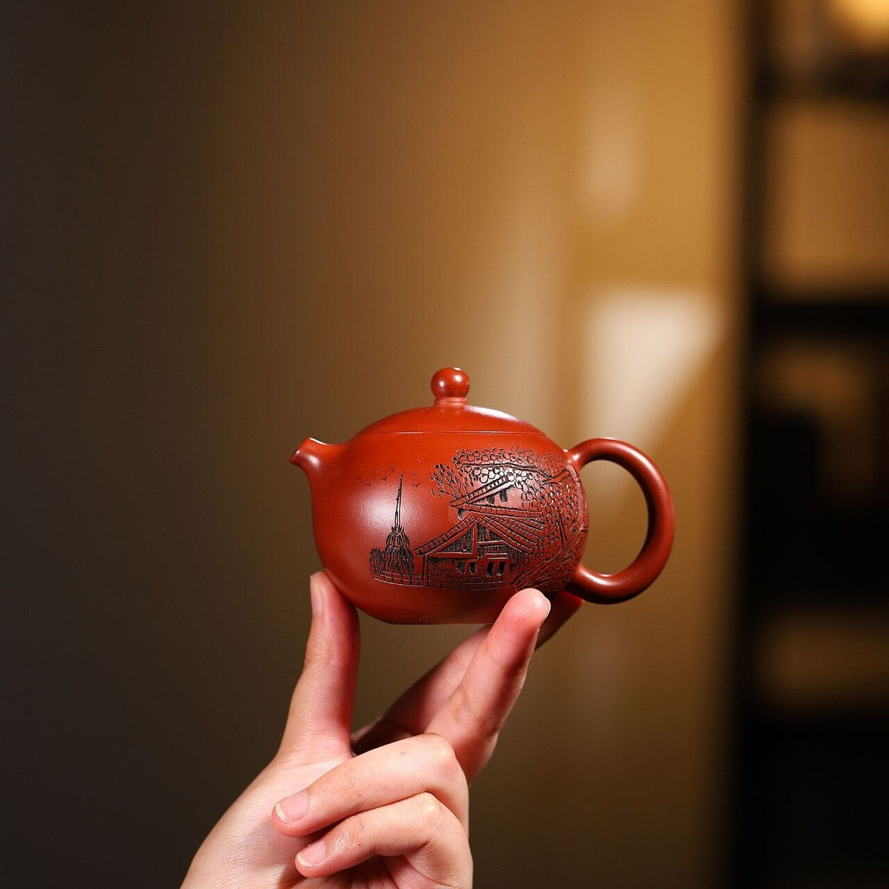110ml Tea Pot Ball Shaped Infuser Holes Full Handmade Carved House Marked Xishi