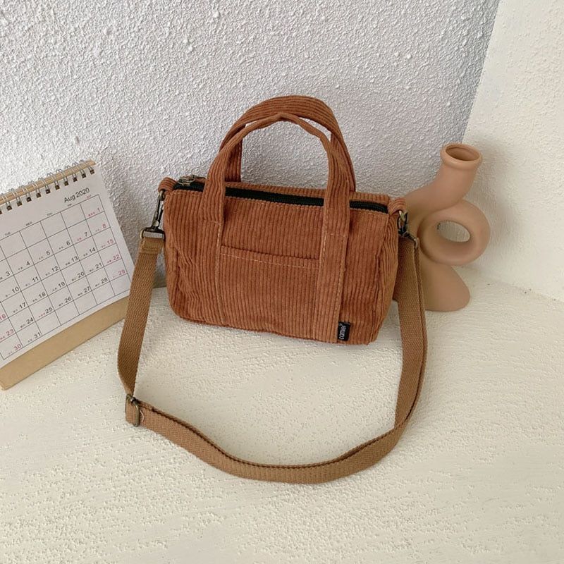 Corduroy Shoulder Bag Canvas Handbag Zipper Totes Purse Cloth Pouch 19*8*14 CM
