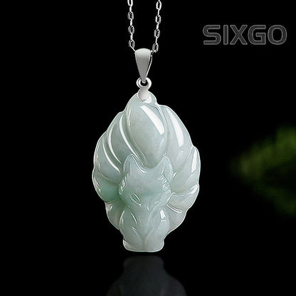 Natural Grade A Jade Jadeite Nine-Tailed Fox S925 Silver Jade Pendant