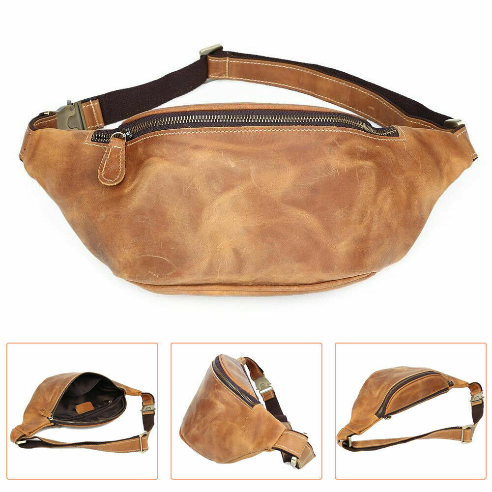 Men's Light Brown Vintage Leather Small Belt Bag Waist Belt Fanny Pack Sports