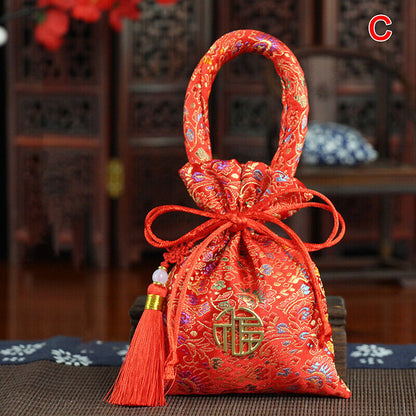 14x11cm Portable Brocade Wedding Candy Bag Package Bag Drawstring Red Candy BN8