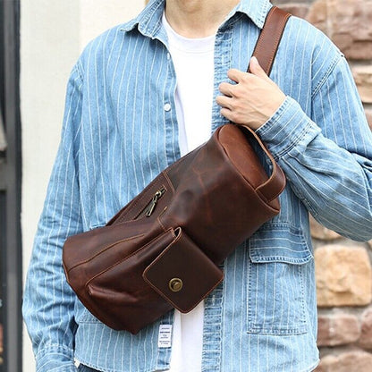 Men's Sling Backpack, Crazy Horse Leather Large Capacity Chest Bag Crossbody Bag