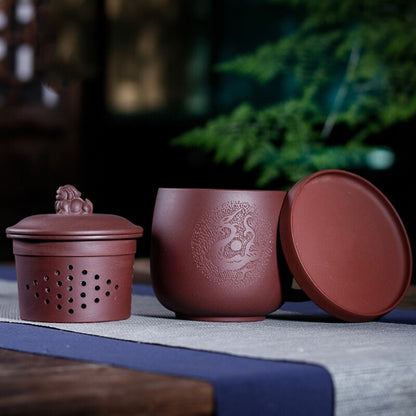 True Yixing Zisha Office Cup Marked Infuser Cup Mat Lid Handmade Tea Cup 430ml