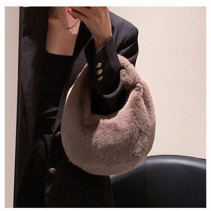 Small Half Moon Bag Warm Plush Bags Furry Short Handle Clutch Cute Handbag Purse