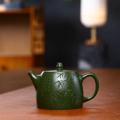 True Yixing Zisha Republic Green Clay Tea Pot Marked Bamboo Carved Chinese Pots
