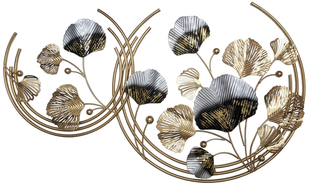 3-Foot Ginkgo Leaves in Gold Circles Hanging Iron 3D Wall Decoration (38" x 23")