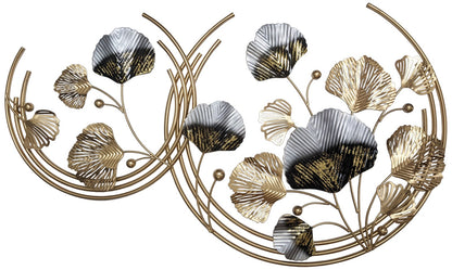 3-Foot Ginkgo Leaves in Gold Circles Hanging Iron 3D Wall Decoration (38" x 23")