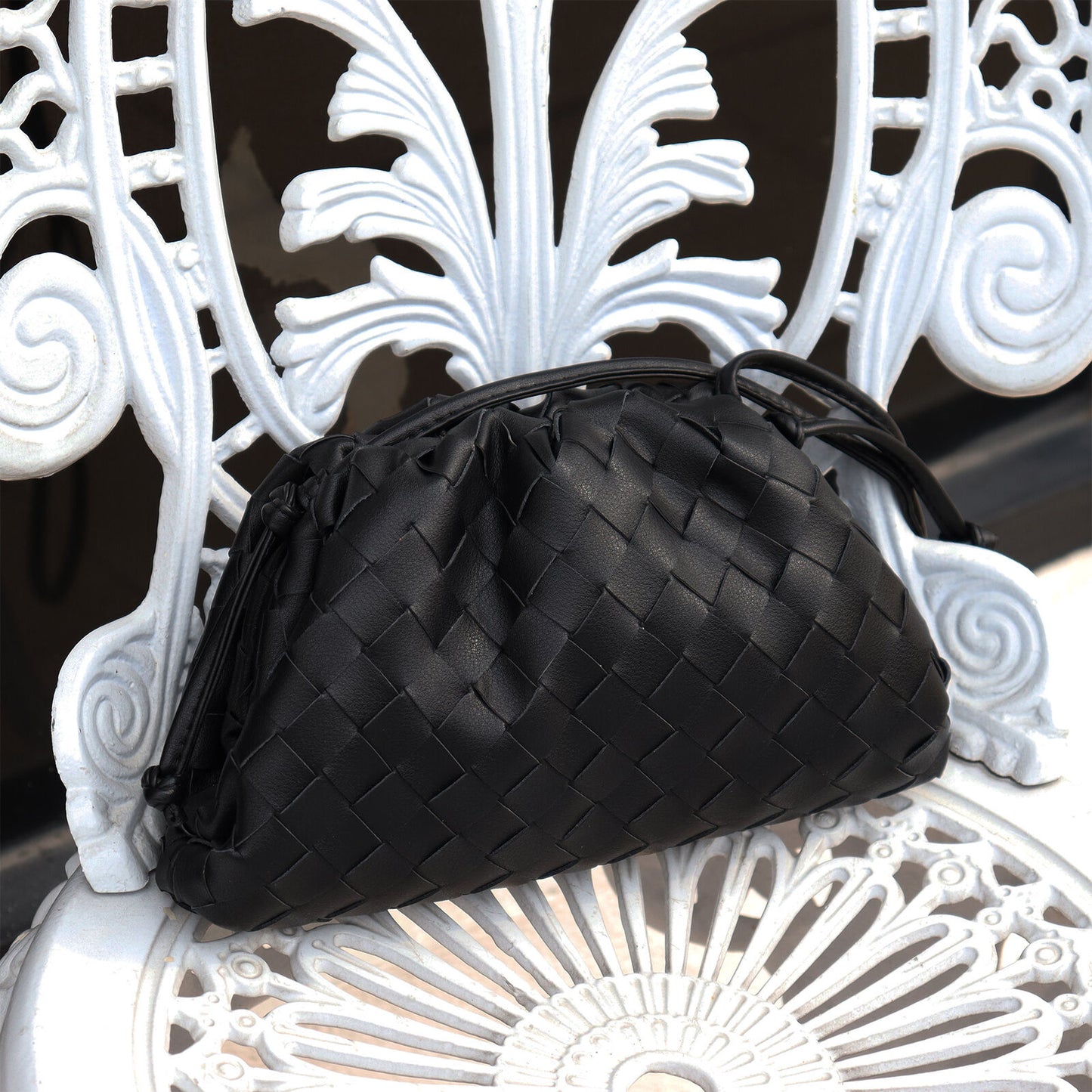 Woven Ruched Microfibre Leather Mini Pouch Clutch Bag Crossbody Shoulder Purse