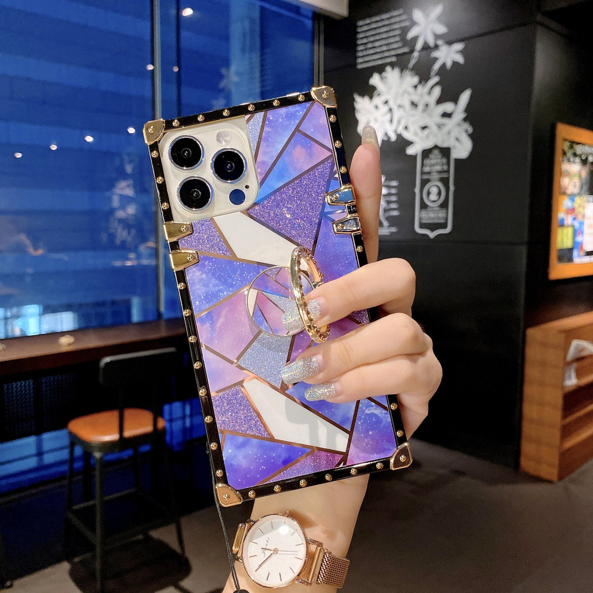 Electroplated spliced glitter soft case with crossbody strap for iPhone 17Pro/16