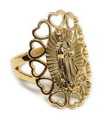 Gold Plated Virgin Mary Heart Ring Virgen De Guadalupe Anillo Corazon Oro Lamina