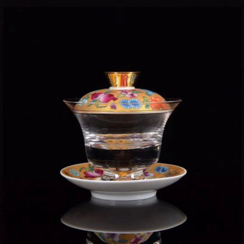 Tea Bowl Thickened Glass Tureen Tea Cover Bowl Lid Sancai Gaiwan Hand Painted