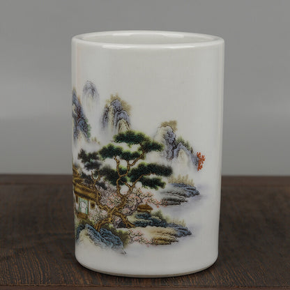 Chinese Colour Porcelain Mountains Rivers Landscape Brush Pot Pencil Vase '宁静致远'