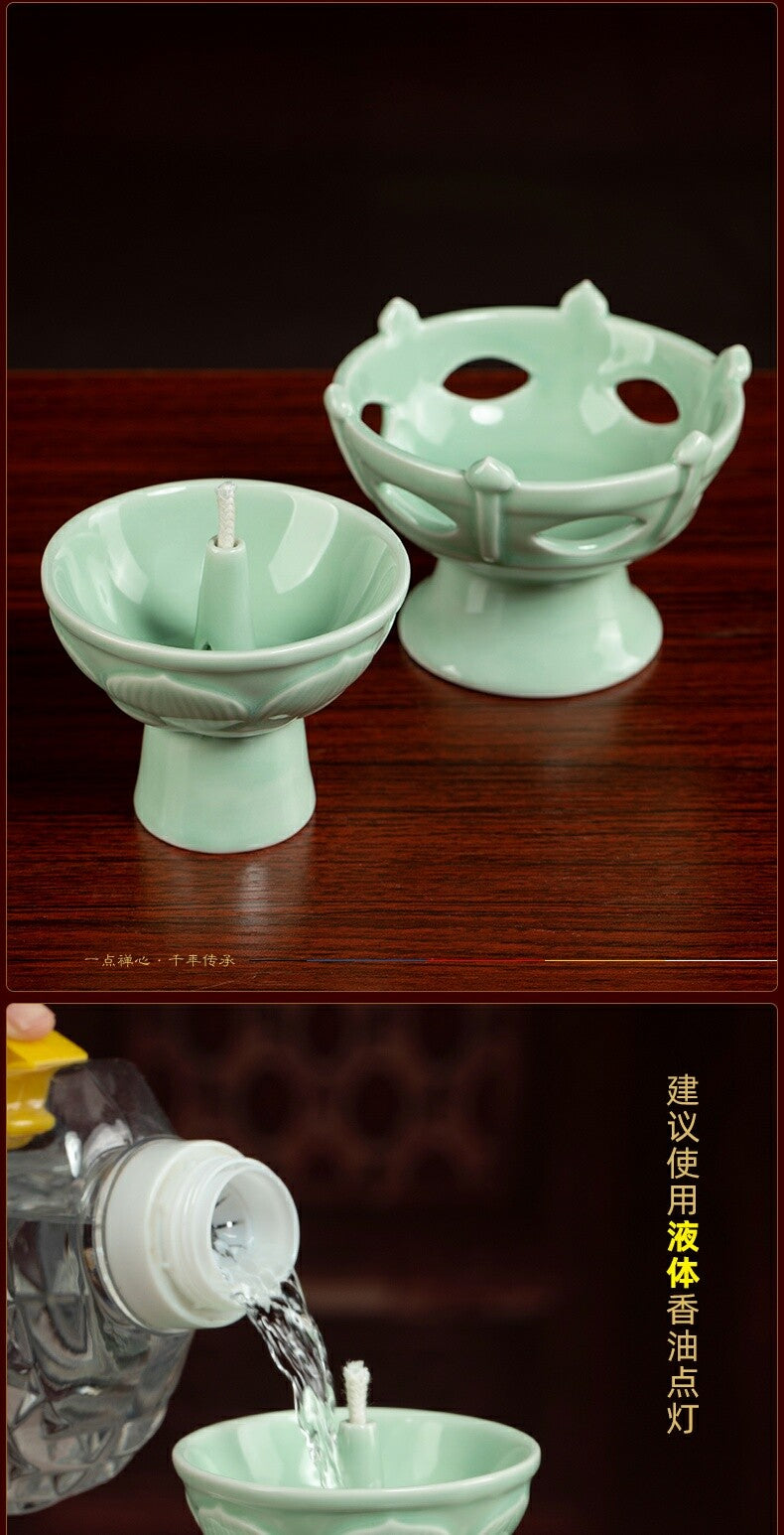 Buddhist Celadon Oil Lamp Candlestick for Buddhist Butter Lamps Decoration