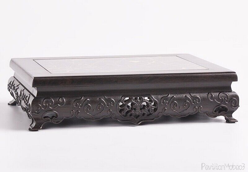 Solid Ebony Wood Display Stand Inlay Marble Stone Bonsai Vase Flower Rack Base