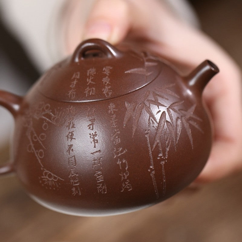 Handmade Tea Pot Hand Carved Real Yixing Zisha Qinquan Pot Chinese Kungfu Teapot