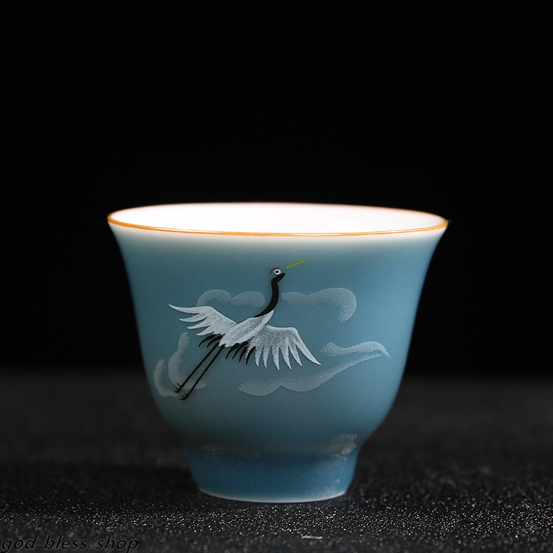 Chinese Tea Cup Crane Print Under Glaze Porcelain Kungfu Cup Of Tea Coaster New