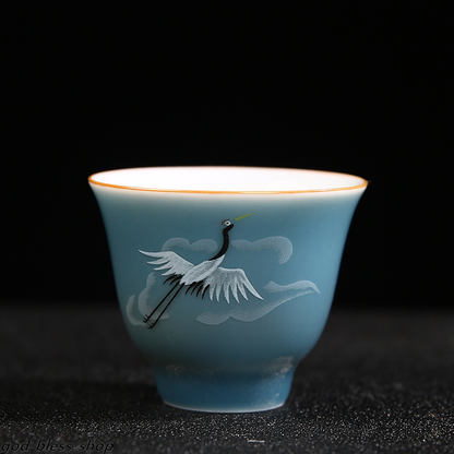Chinese Tea Cup Crane Print Under Glaze Porcelain Kungfu Cup Of Tea Coaster New