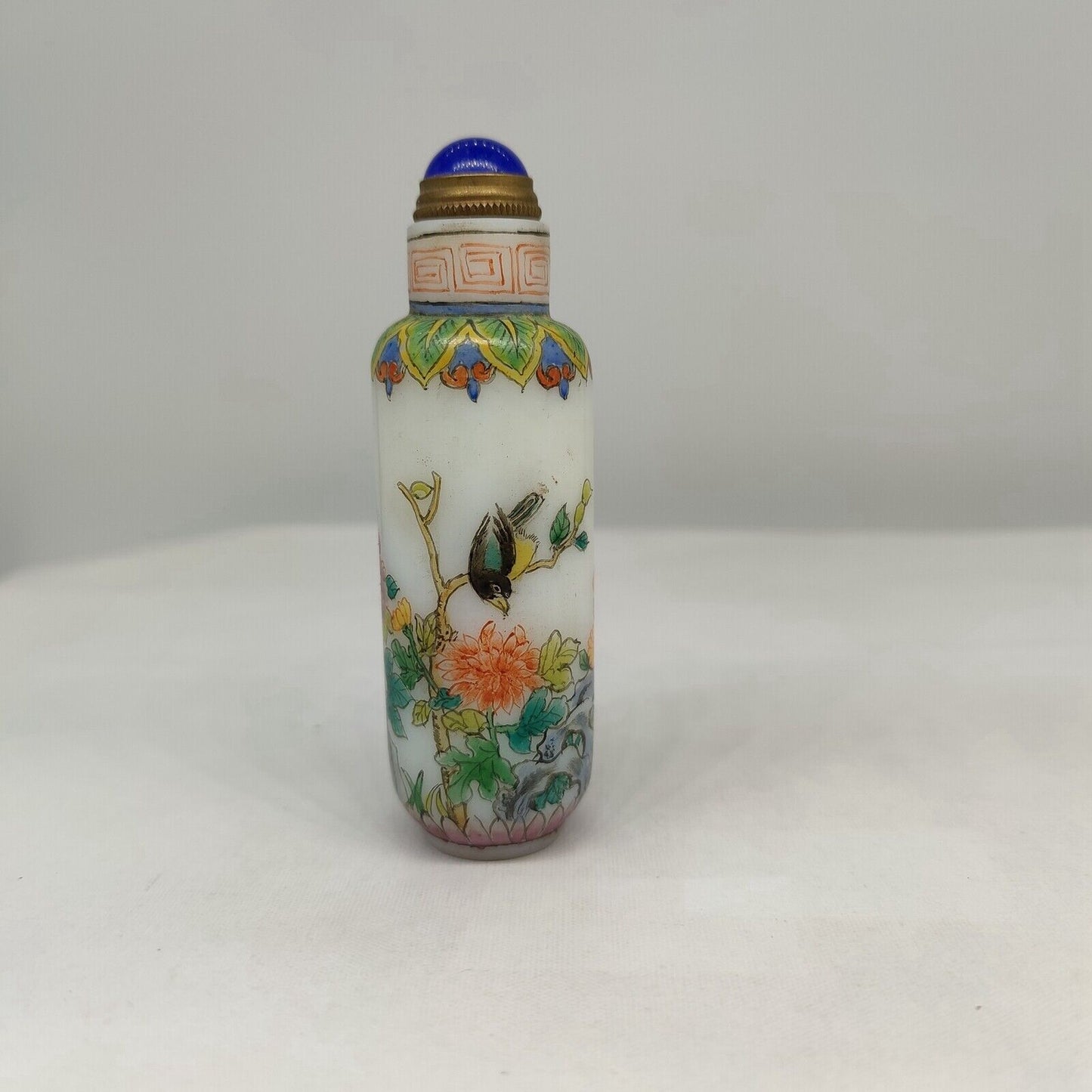 Old Bejing Peking Glass Snuff Bottle Hand Painted Flower Bird Colored Glaze rare