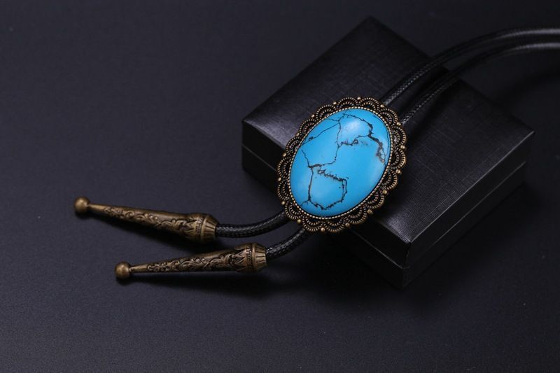 Men Bolo Tie Polyester Semi Precious Stone Pendant Suit Shirt Collar Accessories