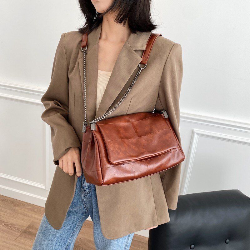 Handbag Vintage Shoulder Bag Thick Chain Messenger Soft Flap Shoulder Crossbody