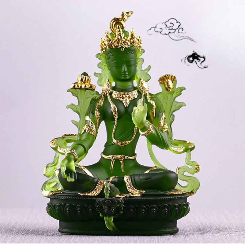 12.8cm Glass Green Tara Buddha Statue Chinese Zen Temple Feng Shui Ornament