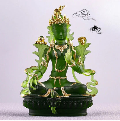 12.8cm Glass Green Tara Buddha Statue Chinese Zen Temple Feng Shui Ornament