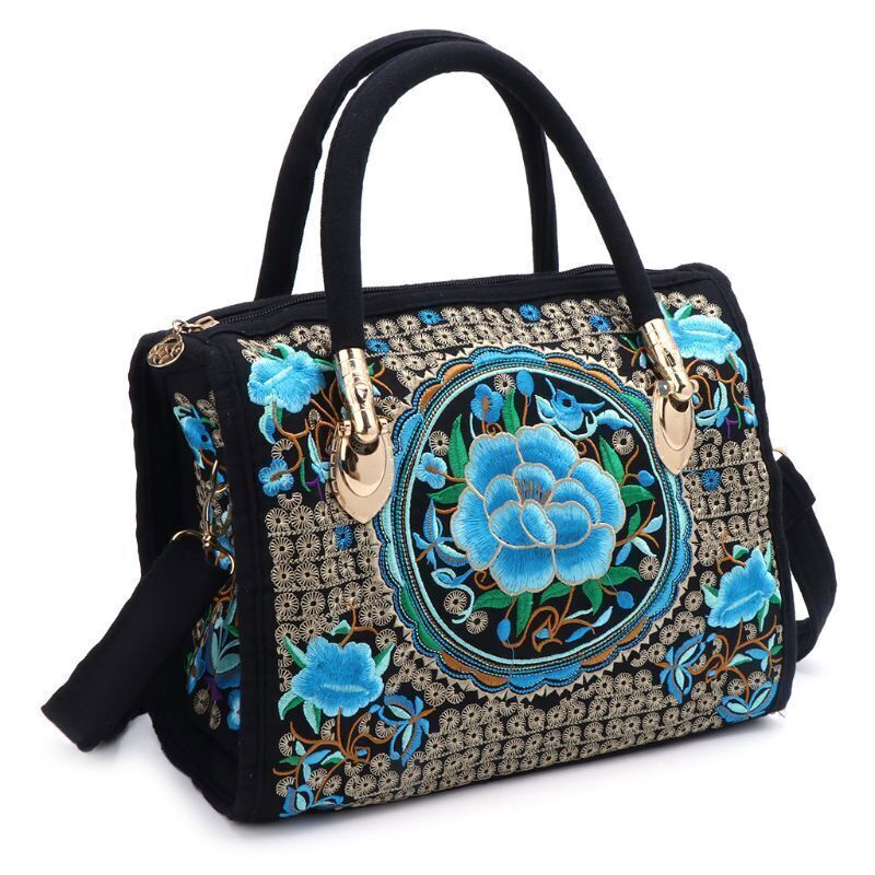 Women Floral Embroidered Handbag Ethnic Boho Canvas Tote Zipper Bag