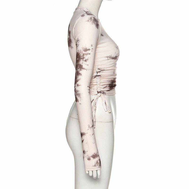 Women T-Shirt Tie Dye Ribbed Long Sleeve Drawstring Crop Tops Skinny Streetwear