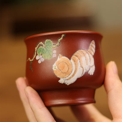 Traditional Craft True Yixing Zisha Dahongpao Clay Marked Tea Cup Cat Handpaint