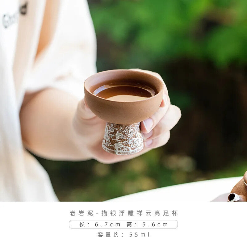 Old Rock Mud Gilded Silver Teacup High Footed Tea Set Coarse Ceramic Chinese
