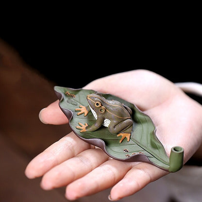 Elegant Tea Pet Full Handmade Frog On Leaf Marked Funny Tea Play Ornament Zisha