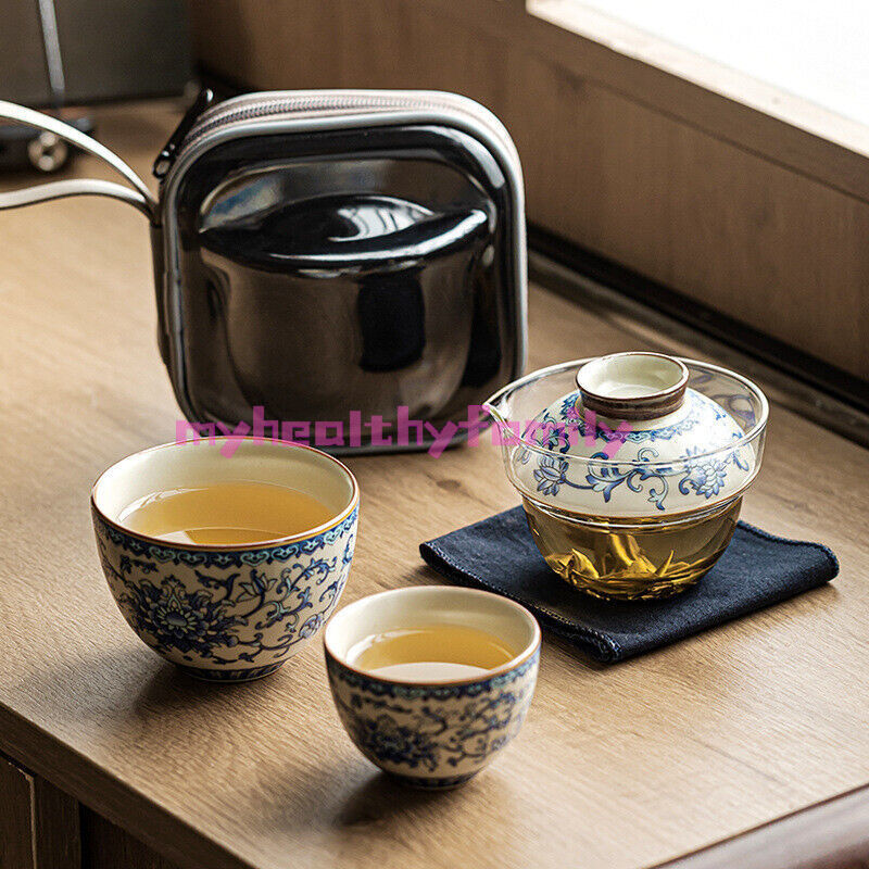 Portable Tea Set Travelling Bag Blue-and-white Porcelain Tea Cup Glass Pot Lid