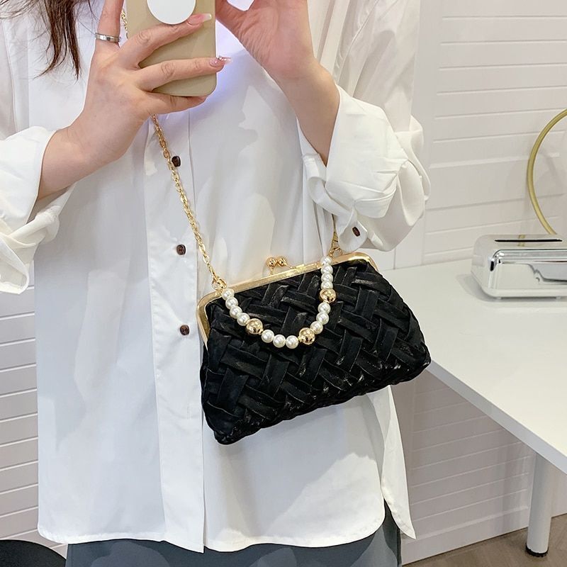 Luxury Shoulder Bag Fashion Pearl Chain Handbag Ribbon Weave Purse Crossbody Bag