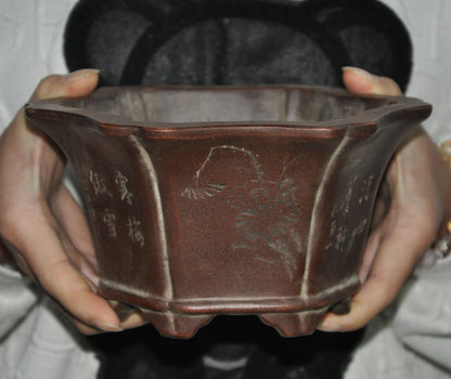 7" Chinese yixing zisha pottery calligraphy orchid flower pot Bonsai Potted pots