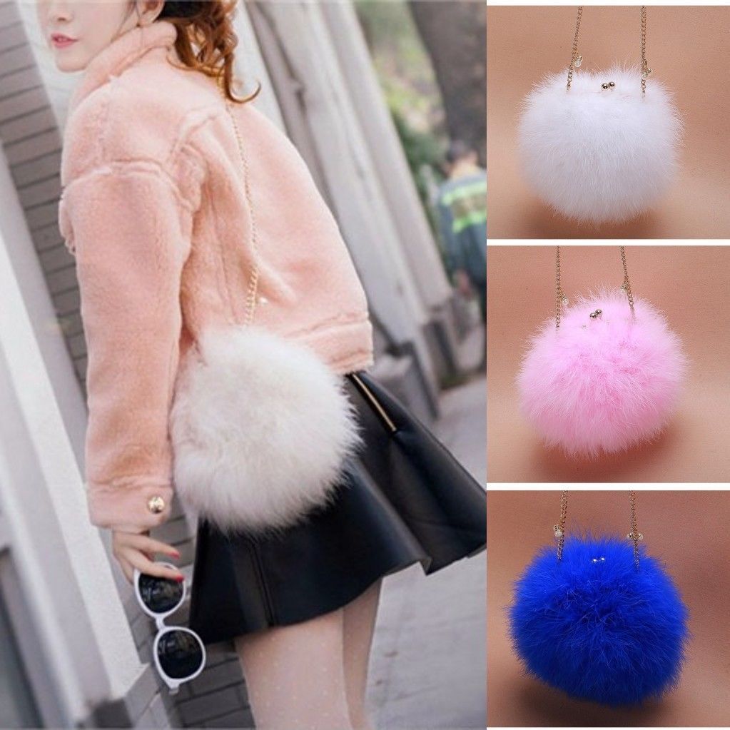 New Designer Fluffy Genuine Feather Clutch Fur Bag Round Chain Purse Multi-color
