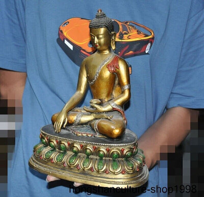 11" Tibetan Temple Bronze Gilt Silver Painted Sakyamuni Medicine Buddha Statue