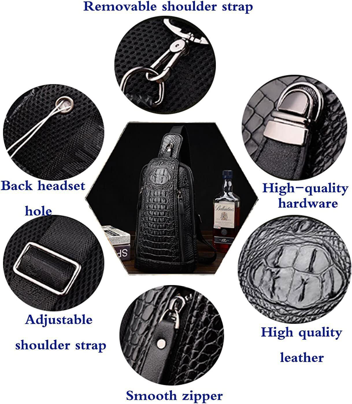Mens Crocodile Leather Sling Bag Chest Shoulder Daypack Waterproof Crossbody Bag
