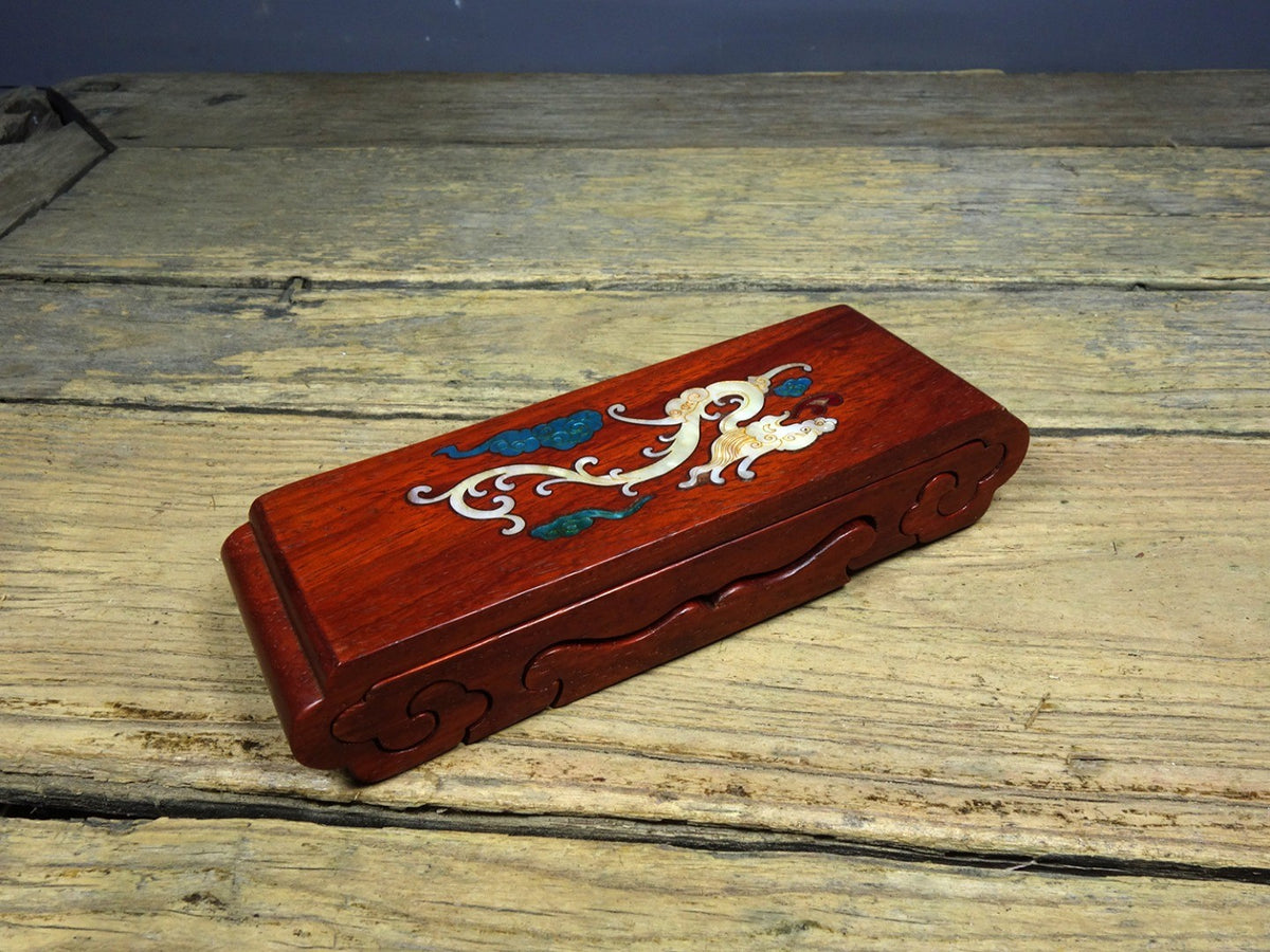 Vintage Rosewood Inlaid Abalone Dragon 3-Tier Ink Rest Display Stand 21cm