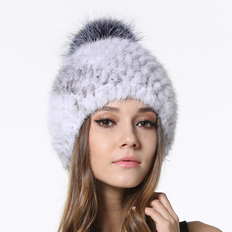 Winter Mink Fur Hats Beanies Women Real Silver Fox Fur Ball Caps Knitting Liner