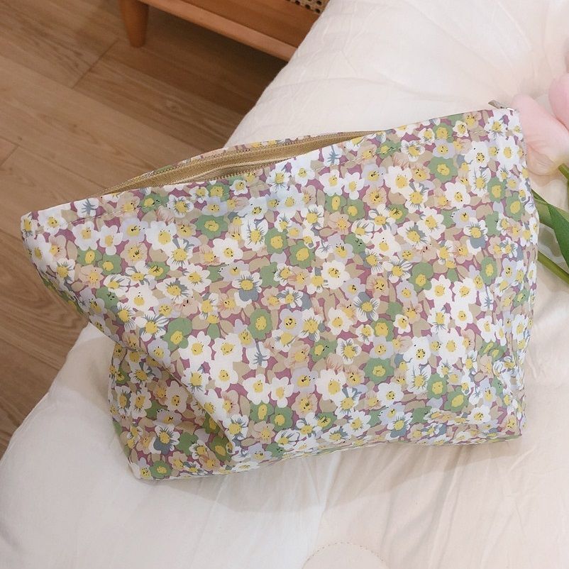 Floral Makeup Bag Large Cotton Fabric Cosmetic Traveling Case Storage Organizer