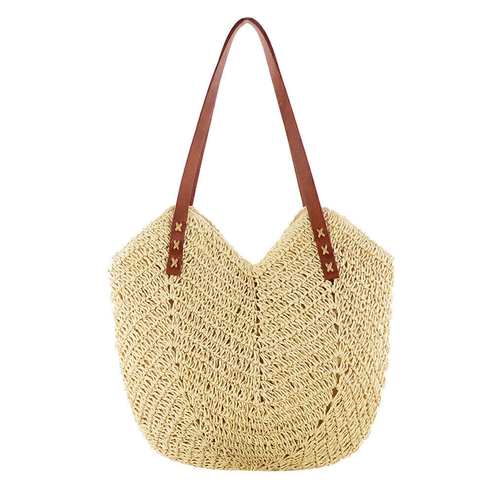 Women Boho Woven Handbag Summer Beach Tote Straw Bag Hollow Rattan Shoulder Bags