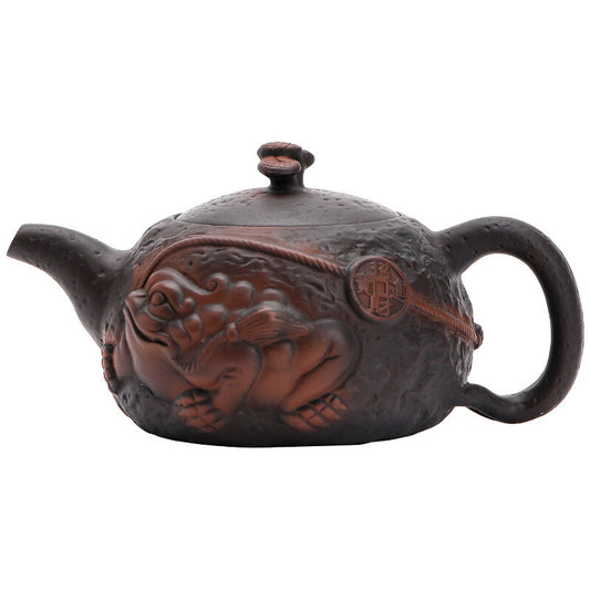Purple Pottery Teapot Toad Mascot Carved Handmade Pot Marked Ball Shaped Infuser