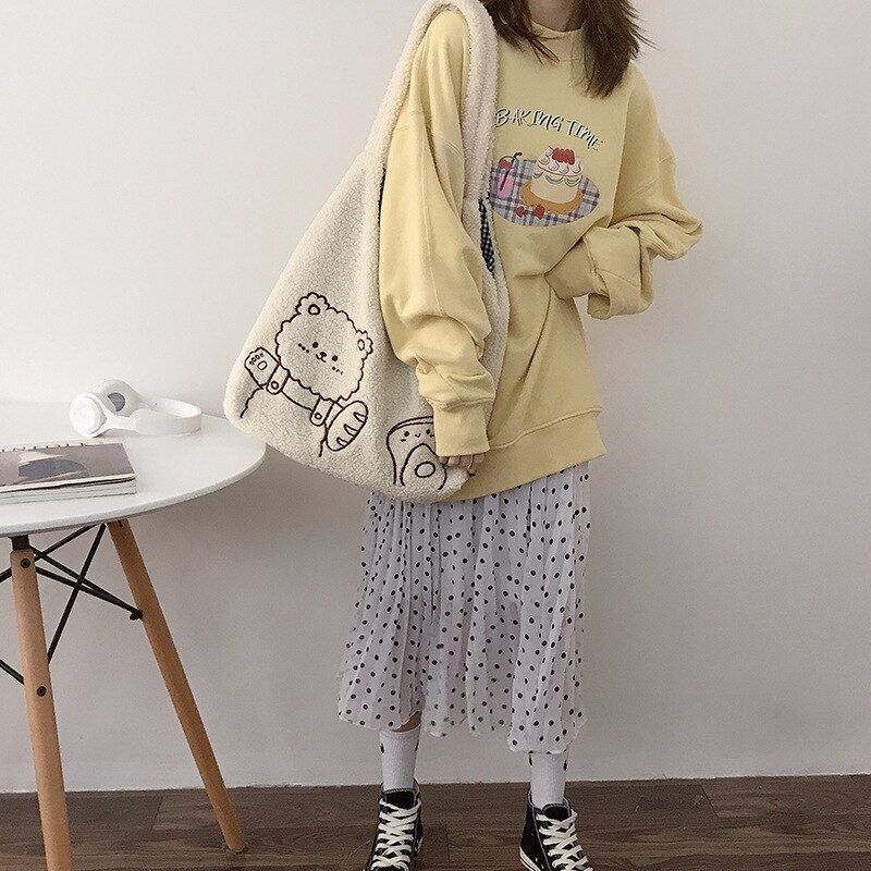 Canvas Purse Shoulder Bag Bear Embroider Crossbody Handbag Casual Shopper Bag