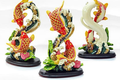 Carp Fish Statue Swimming Lotus Water Feng Shui Luck Home Decor