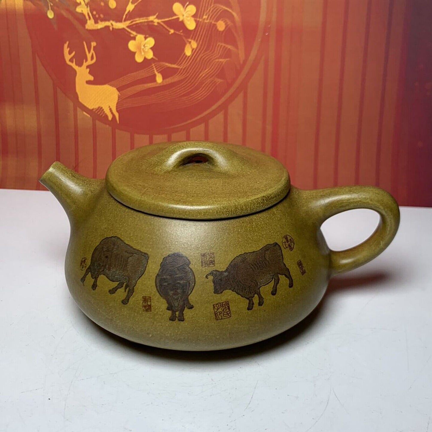 Vintage Chinese Yixing Purple Clay Teapot Zisha Ceremony Painted Cattle Teaware