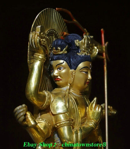 10.6'' Old Nepal Pure Bronze Gilt Painting 3 Head 8 Arm Namgyalma Buddha Statue