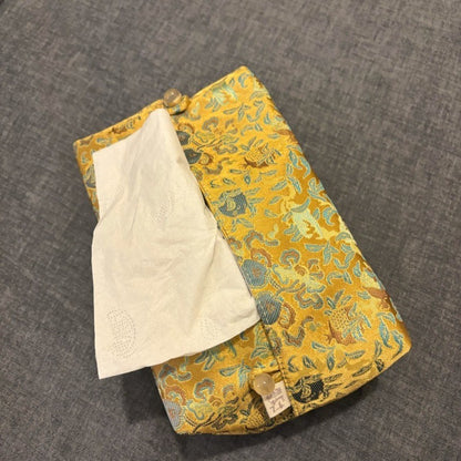 Golden Bamboo Brocade Tissue Box Cover Fish Pattern Tea Room Decor