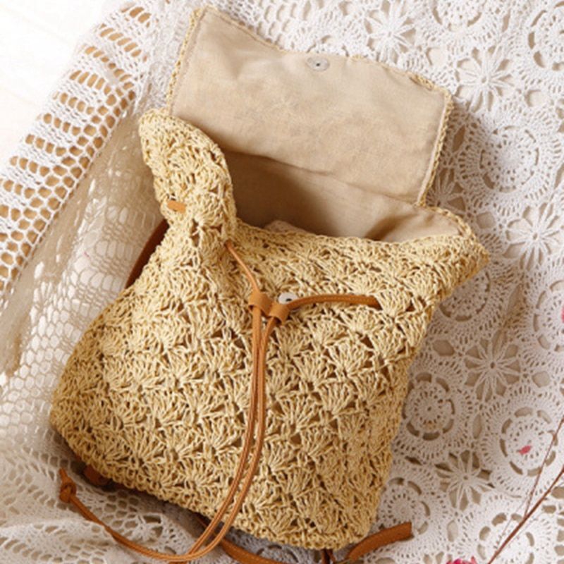 Backpack Straw Beach Bag Hollow Out Women Luxury Polyester 20L Softback Leisure